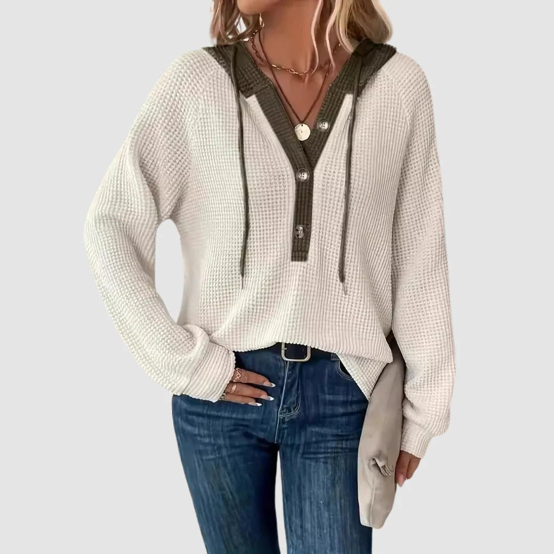 Waffle Knit Hoodie with Button Front in beige