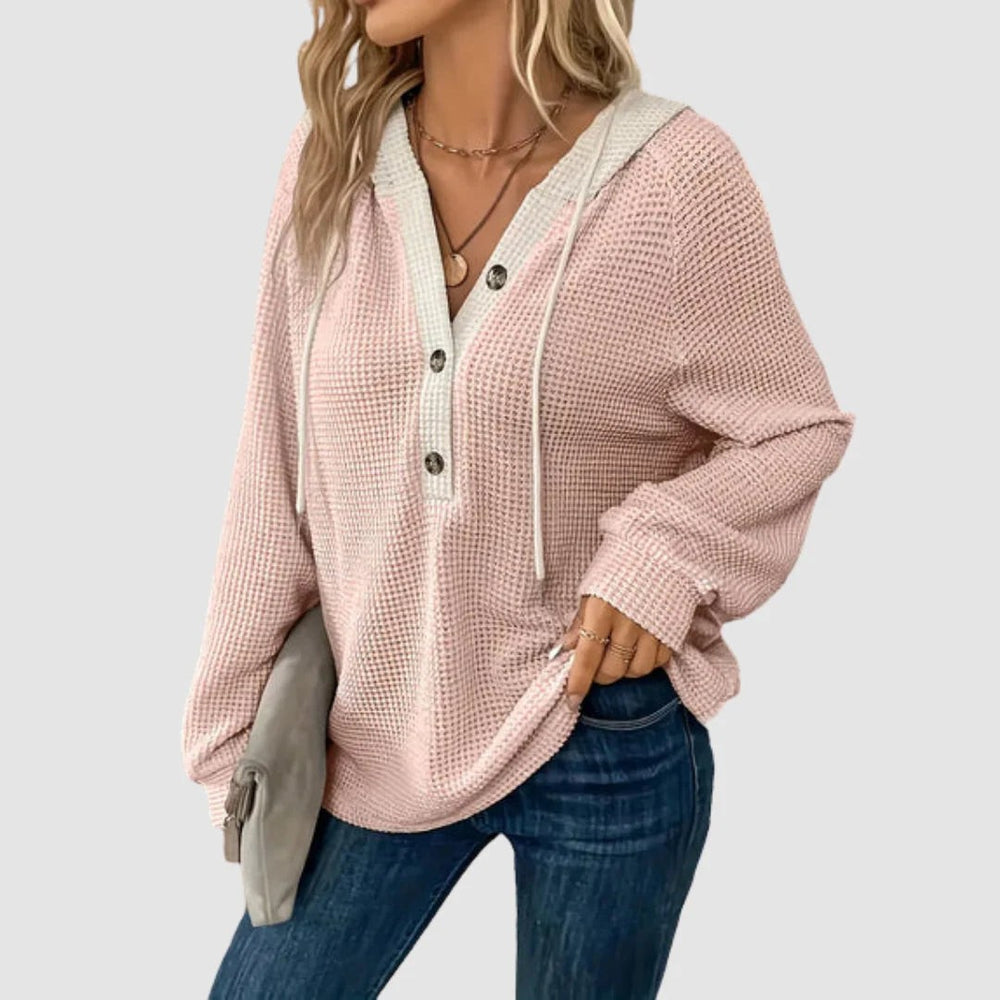 Waffle Knit Hoodie with Button Front in pink