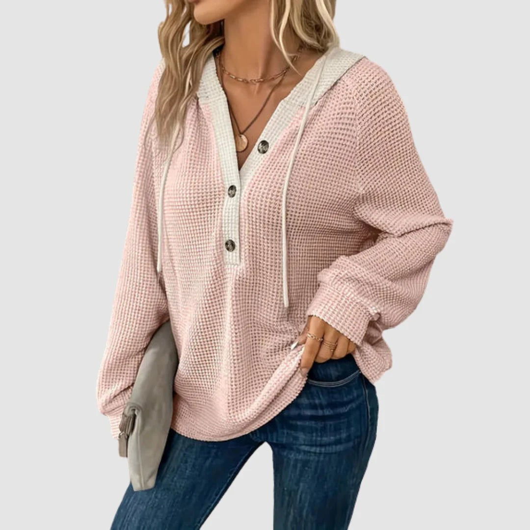 Waffle Knit Hoodie with Button Front in pink