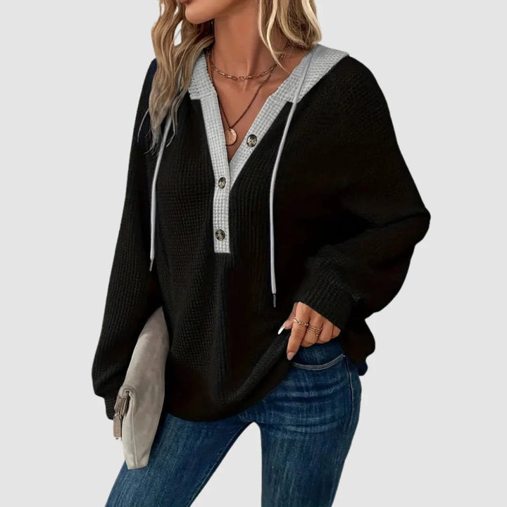 Waffle Knit Hoodie with Button Front in black