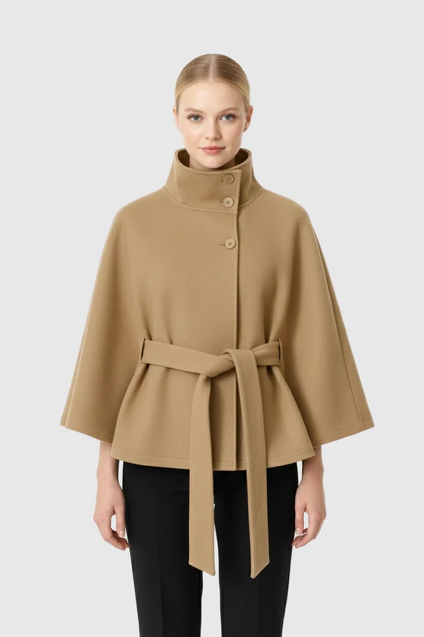 Blandinette High Collar Belted Cape Wool Coat for Women