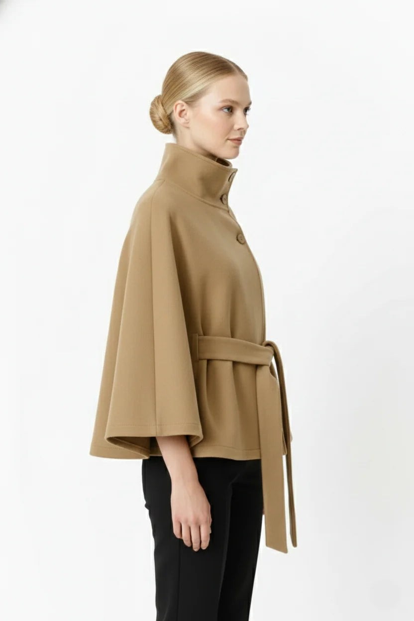 Blandinette High Collar Belted Cape Wool Coat for Women