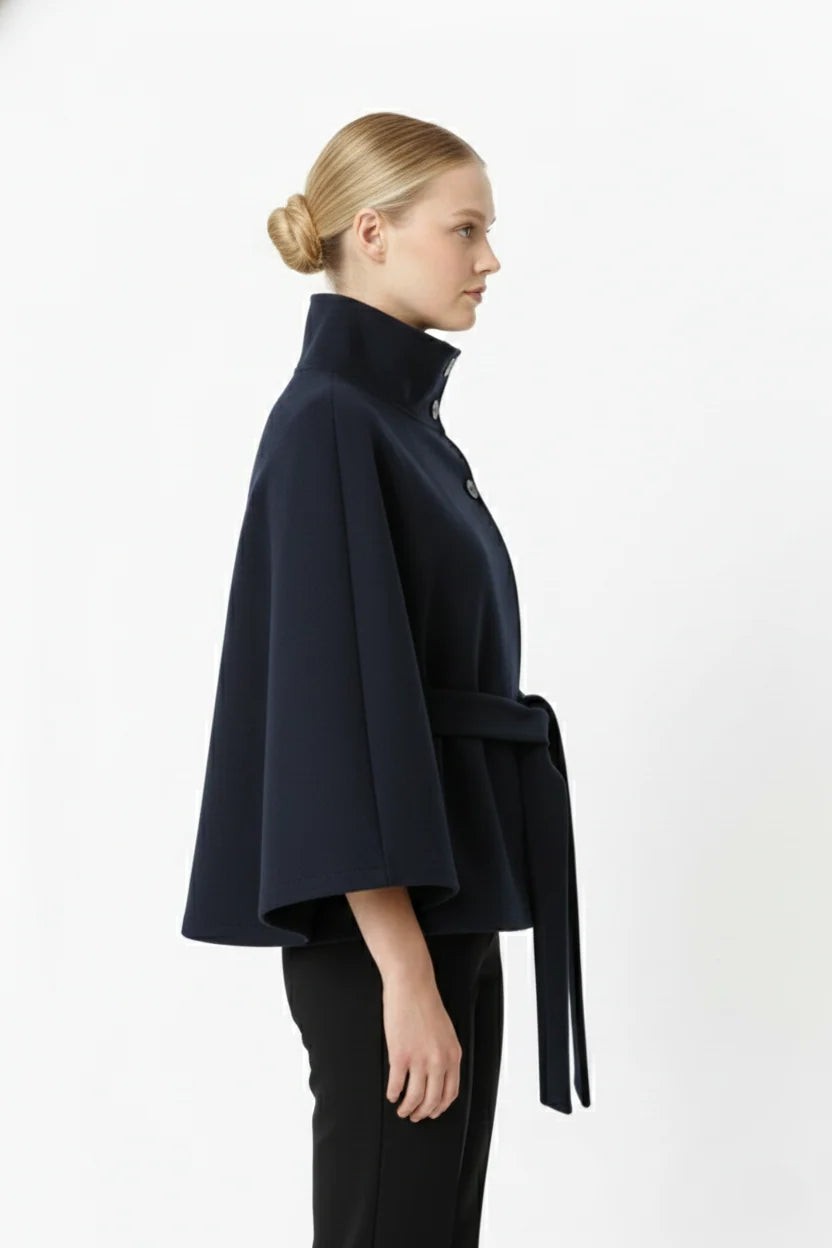 Blandinette High Collar Belted Cape Wool Coat for Women