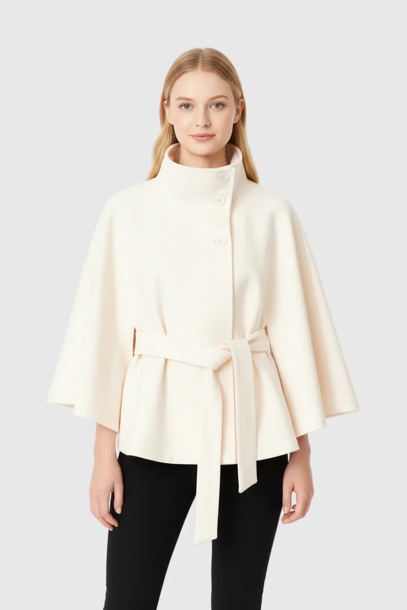 Blandinette High Collar Belted Cape Wool Coat for Women