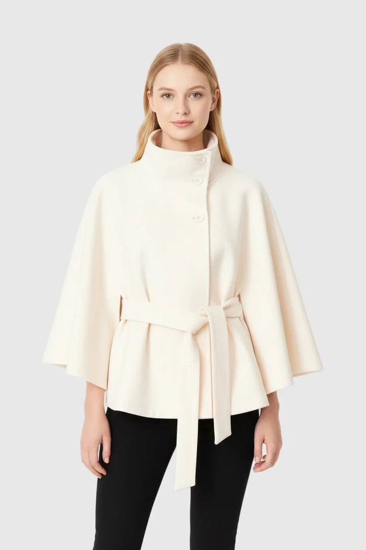 Blandinette High Collar Belted Cape Wool Coat for Women