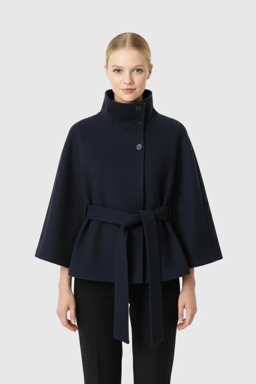 Blandinette High Collar Belted Cape Wool Coat for Women