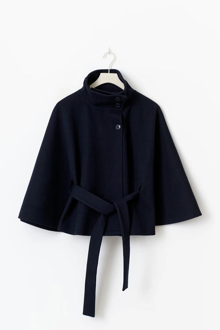 Blandinette High Collar Belted Cape Wool Coat for Women