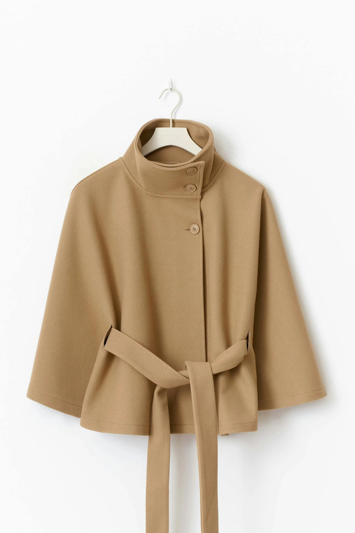 Blandinette High Collar Belted Cape Wool Coat for Women