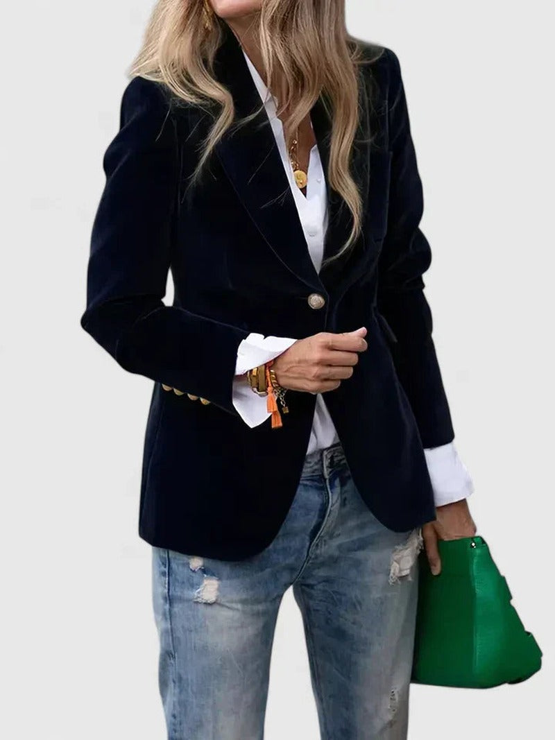 Velvet Blazer with Peak Lapel and Fitted Waist in navy