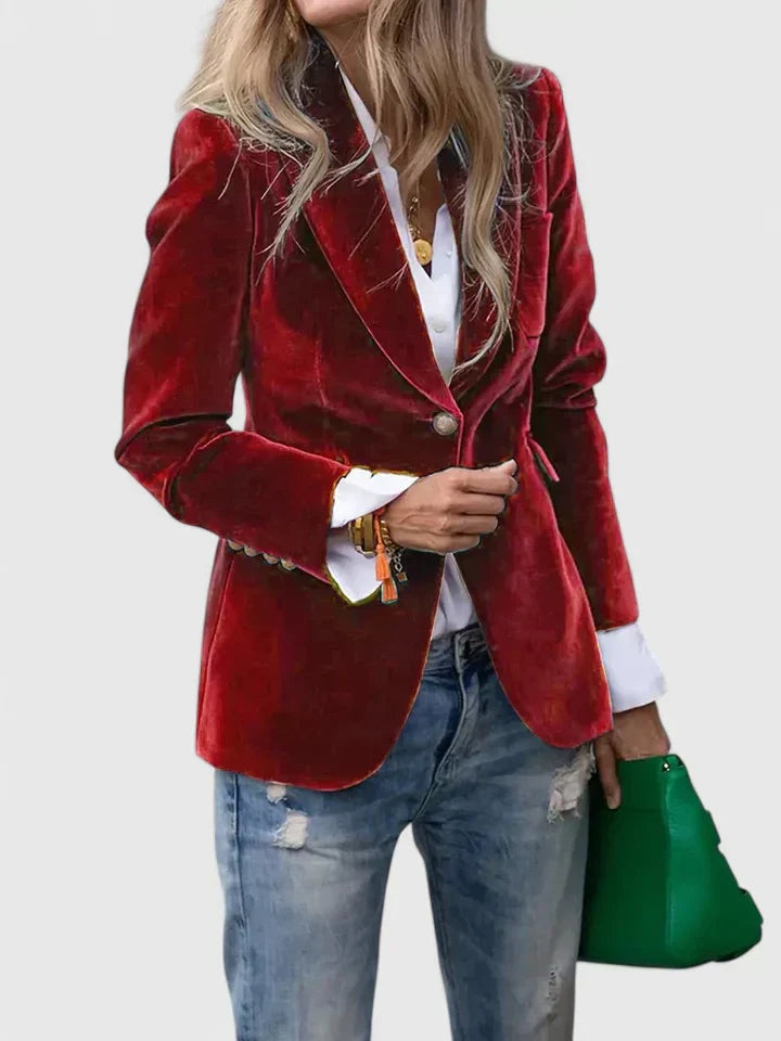 Velvet Blazer with Peak Lapel and Fitted Waist