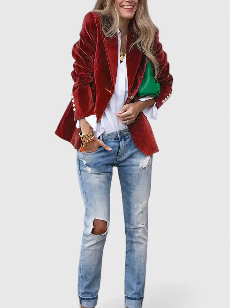 Velvet Blazer with Peak Lapel and Fitted Waist