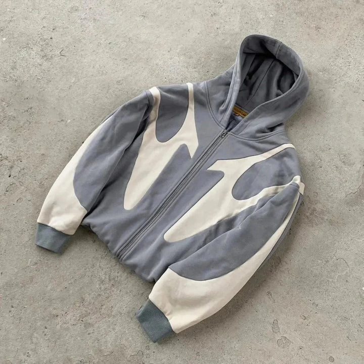 Zip Up Hoodie with Contrast Panels for Women in grey white