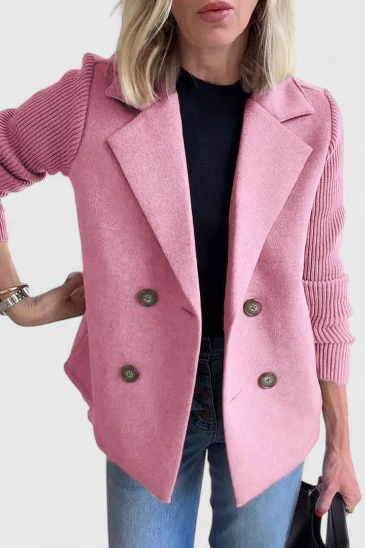 Double Breasted Blazer with Ribbed Knit Sleeves in pink