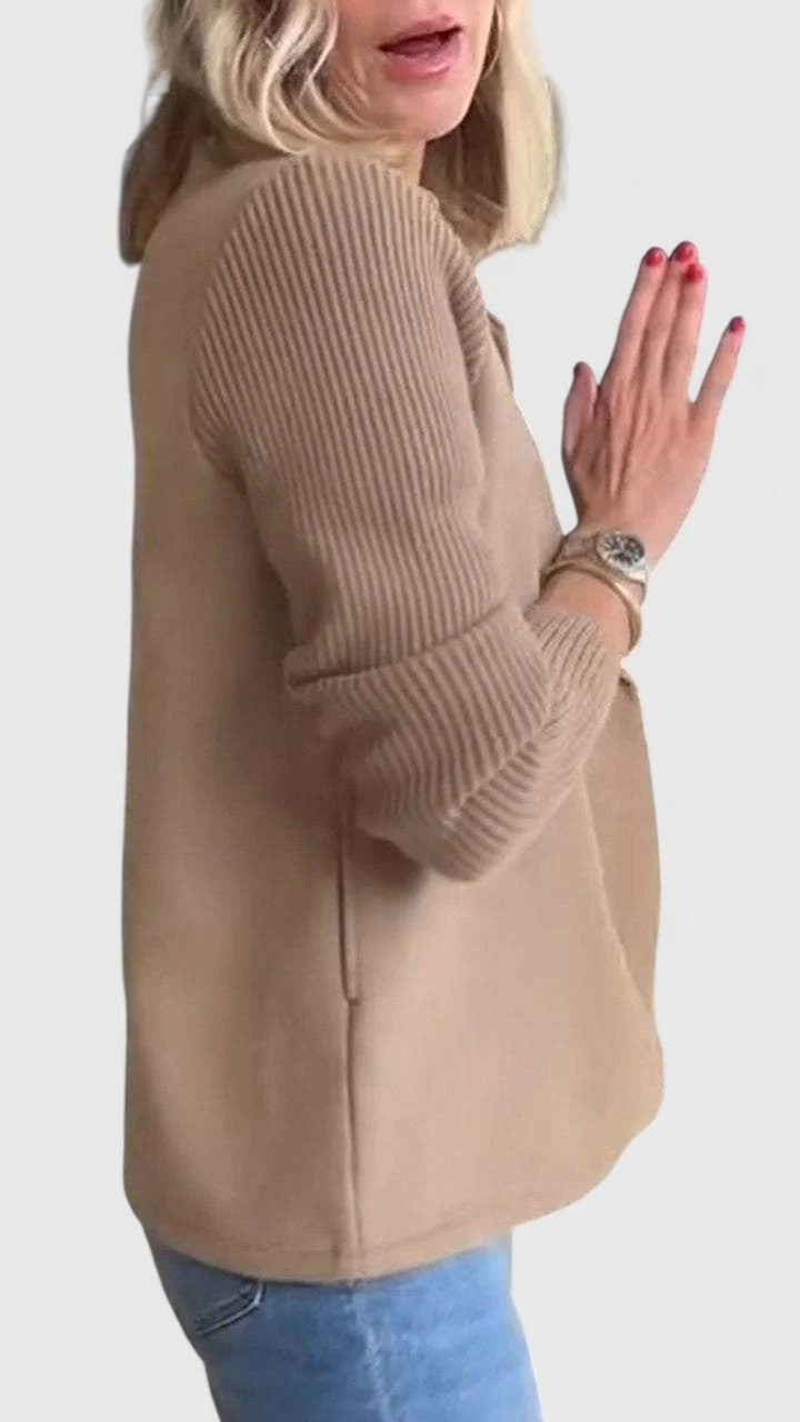 Double Breasted Blazer with Ribbed Knit Sleeves