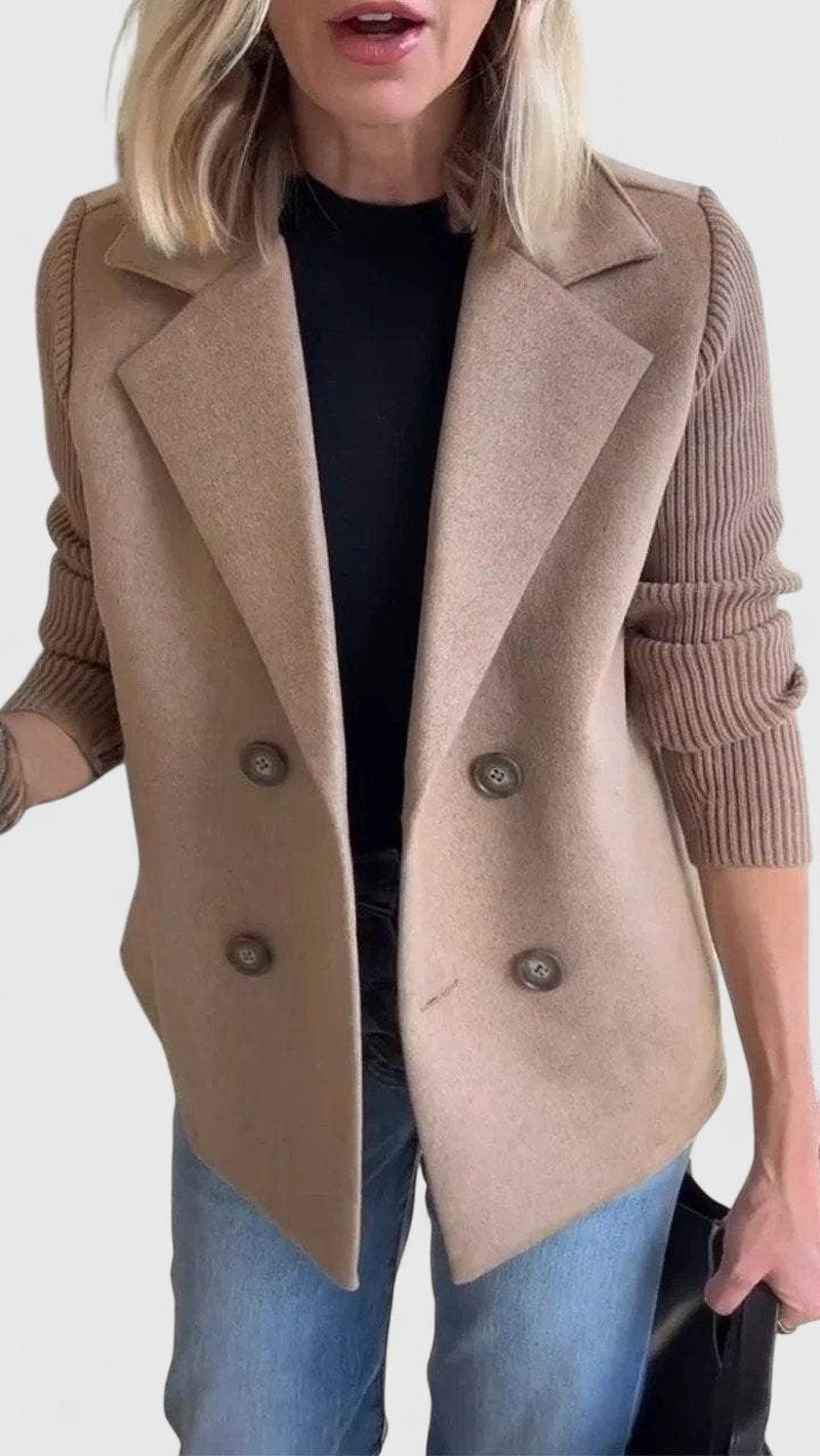 Double Breasted Blazer with Ribbed Knit Sleeves in camel
