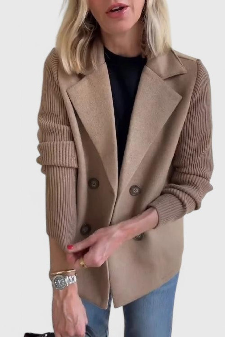 Double Breasted Blazer with Ribbed Knit Sleeves