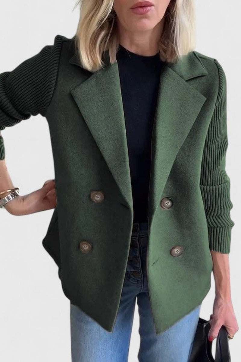 Double Breasted Blazer with Ribbed Knit Sleeves in green