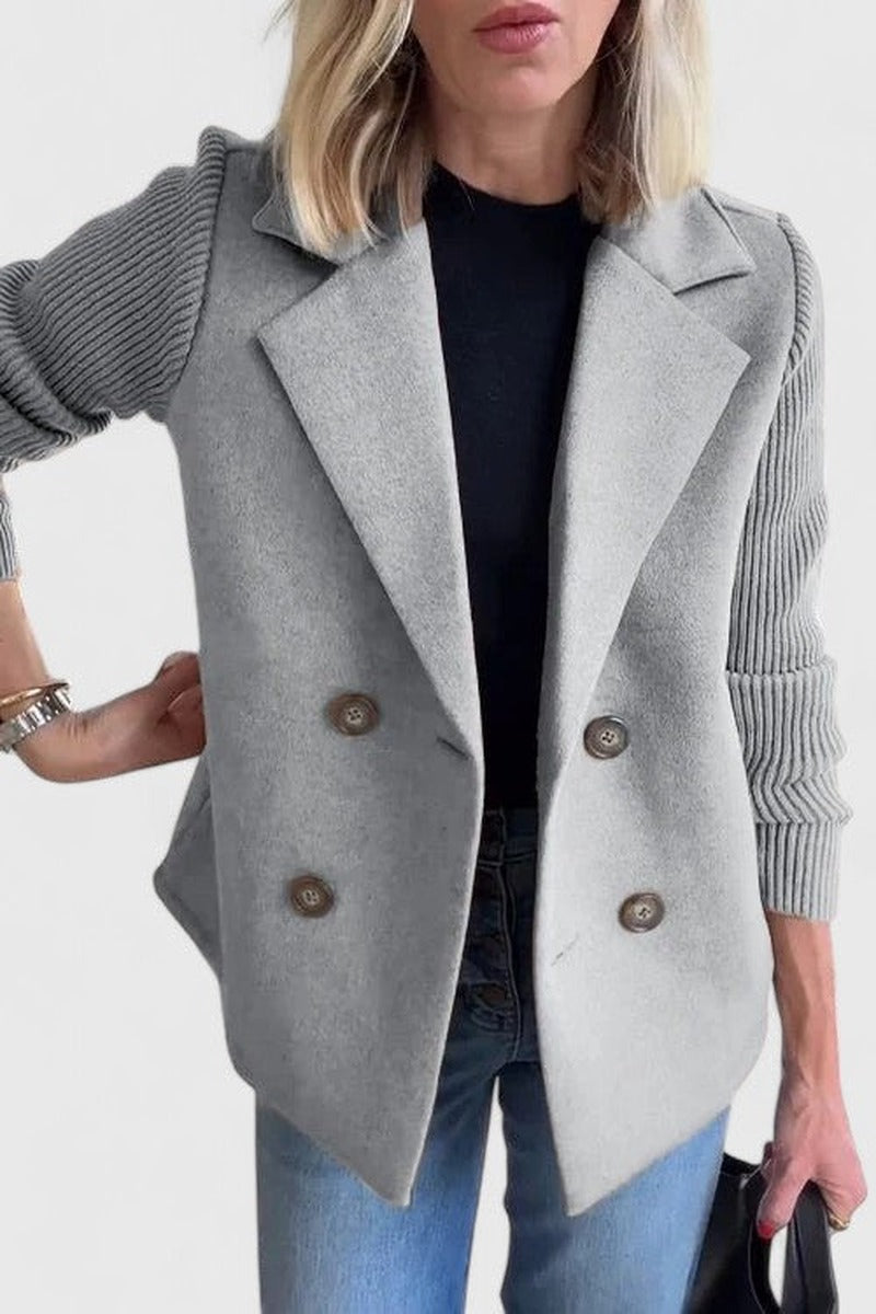 Double Breasted Blazer with Ribbed Knit Sleeves in grey