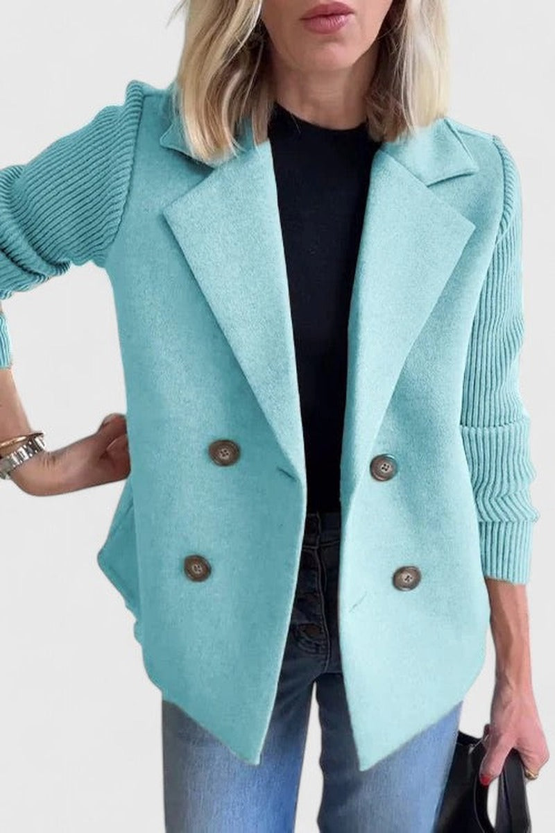 Double Breasted Blazer with Ribbed Knit Sleeves in aqua