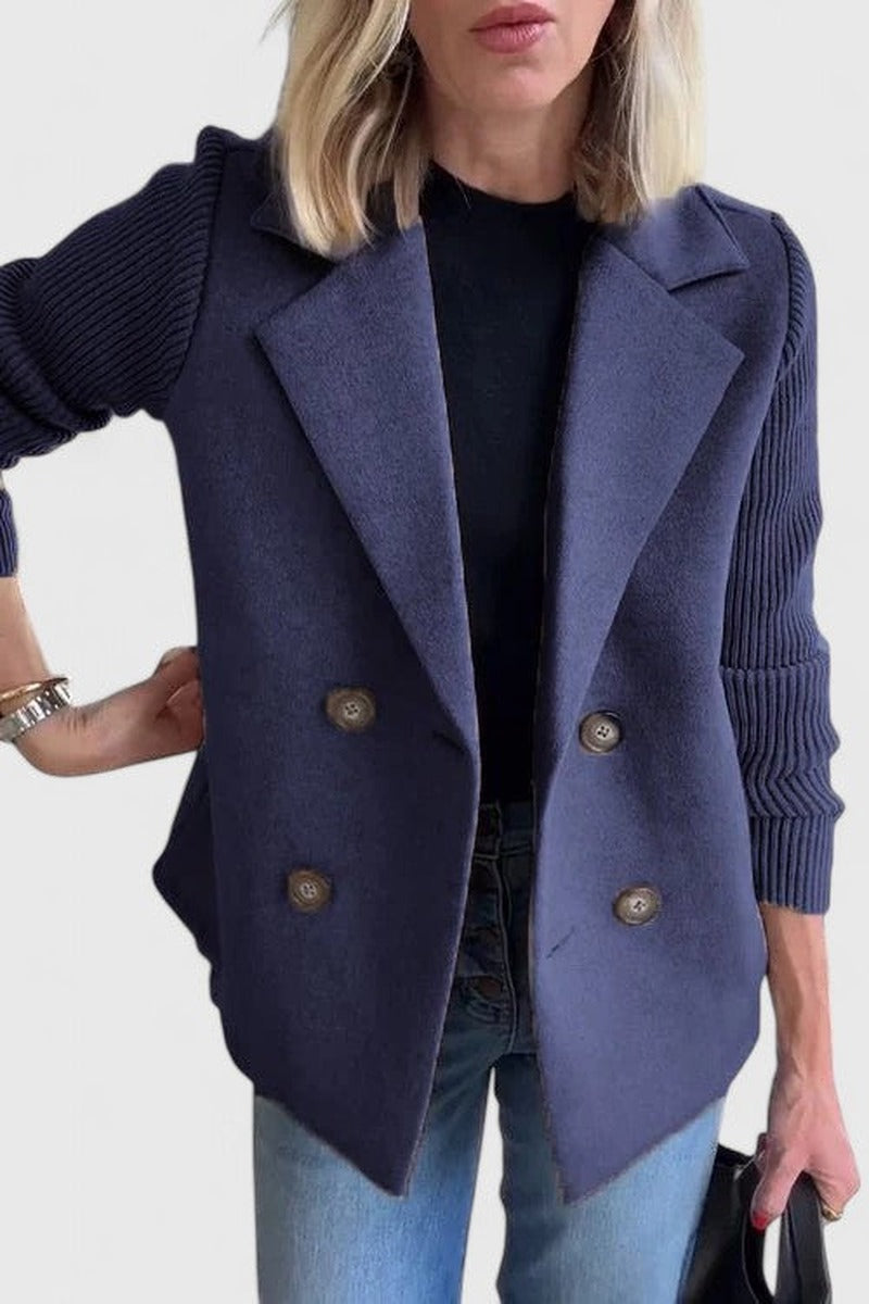 Double Breasted Blazer with Ribbed Knit Sleeves in navy blue