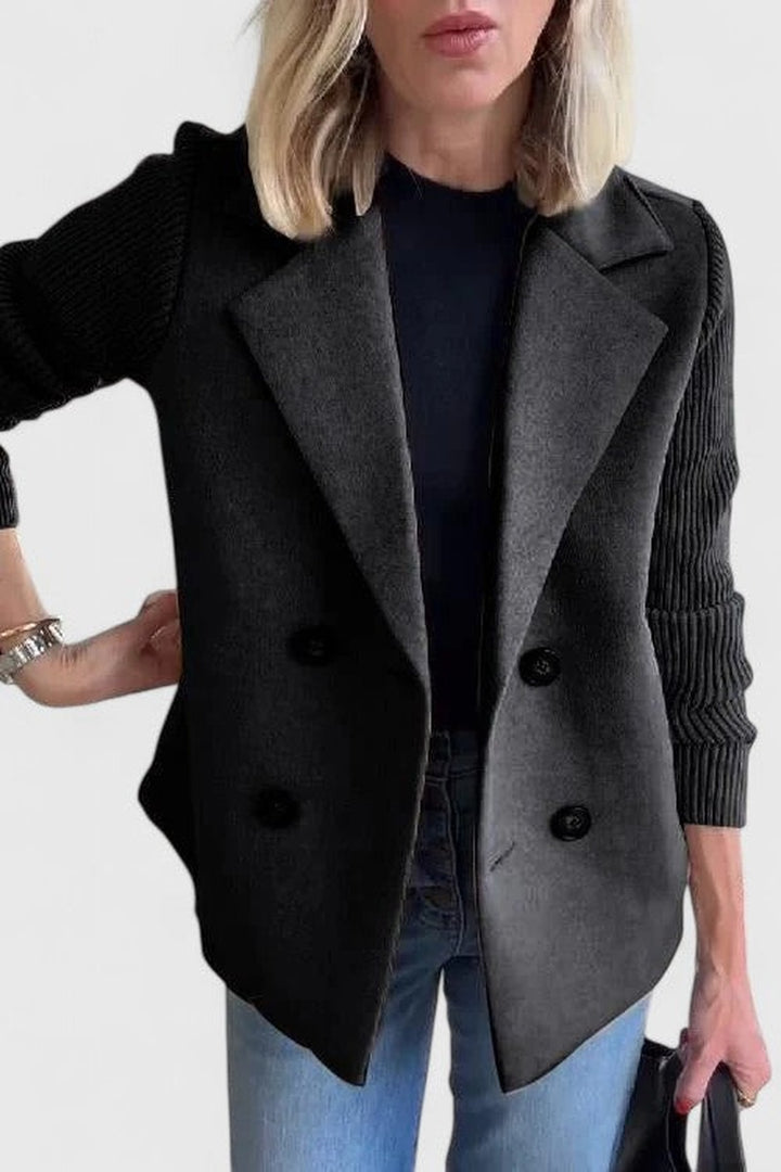 Double Breasted Blazer with Ribbed Knit Sleeves in black