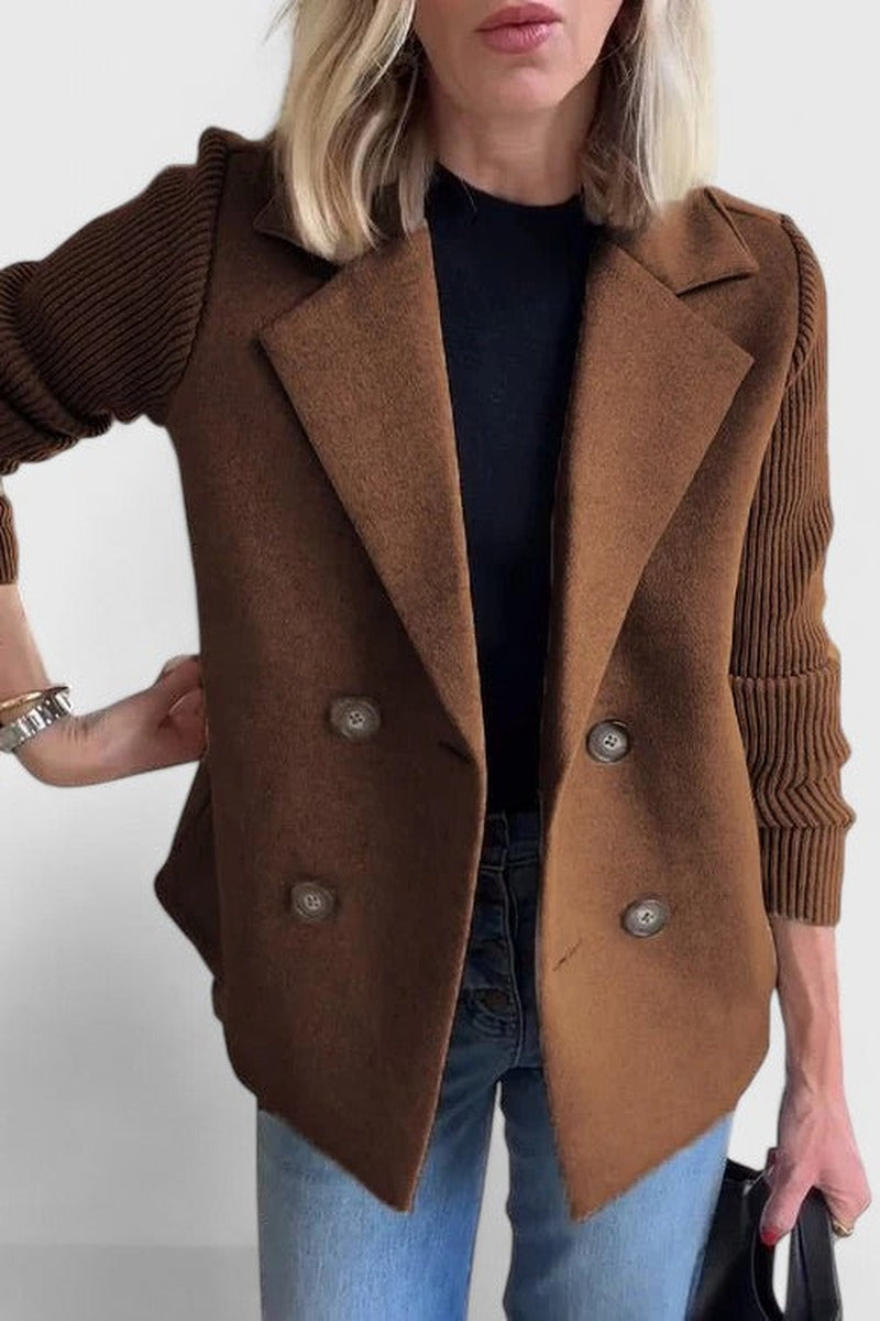 Double Breasted Blazer with Ribbed Knit Sleeves in brown