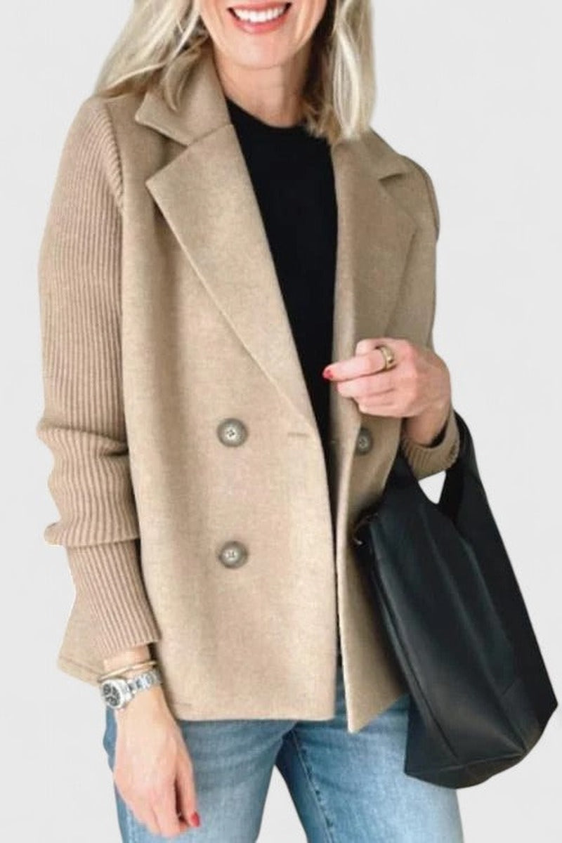 Double Breasted Blazer with Ribbed Knit Sleeves in khaki
