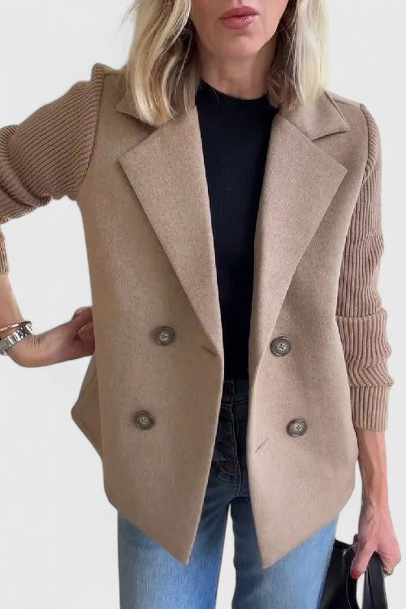 Double Breasted Blazer with Ribbed Knit Sleeves