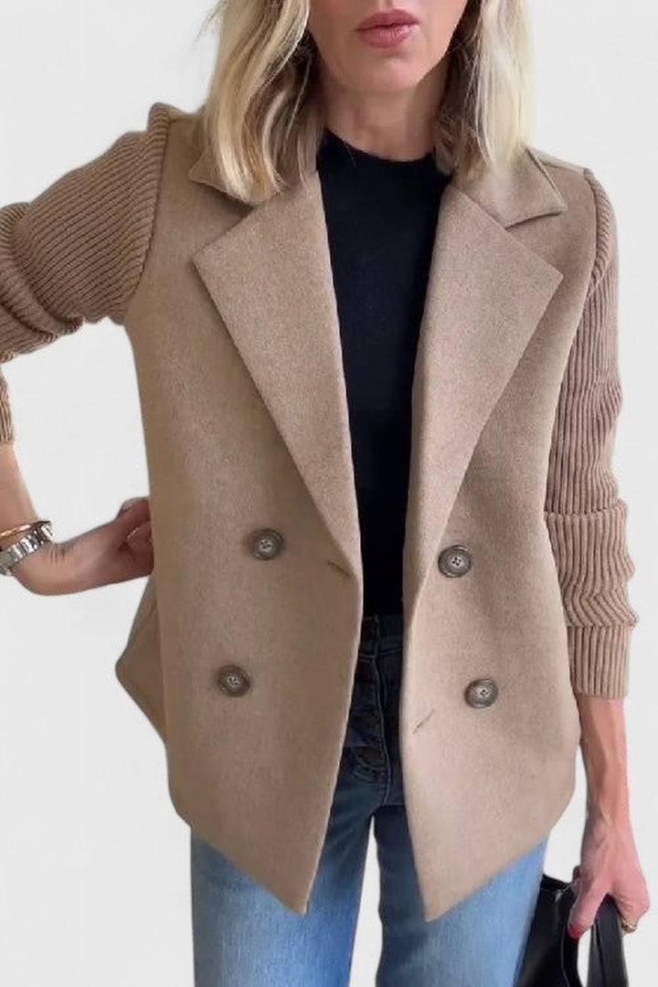 Double Breasted Blazer with Ribbed Knit Sleeves