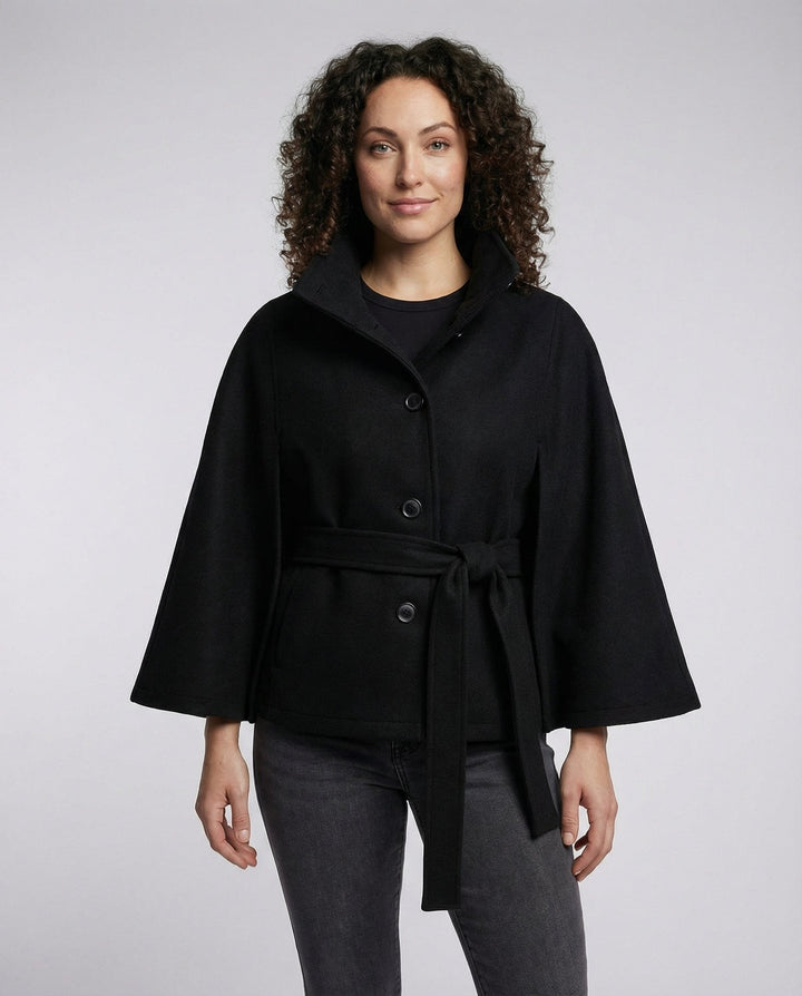 Cyprienne Belted Cape High Collar Wool Blend Coat for Women