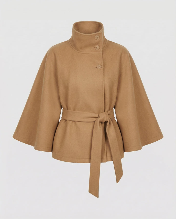 Cyprienne Belted Cape High Collar Wool Blend Coat for Women