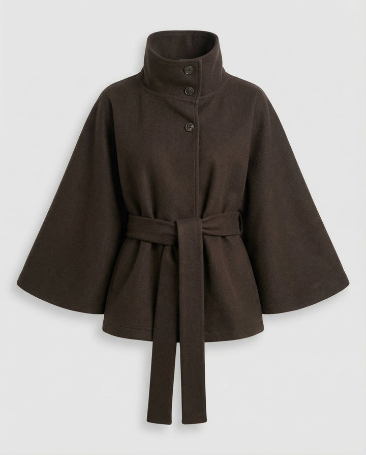 Cyprienne Belted Cape High Collar Wool Blend Coat for Women