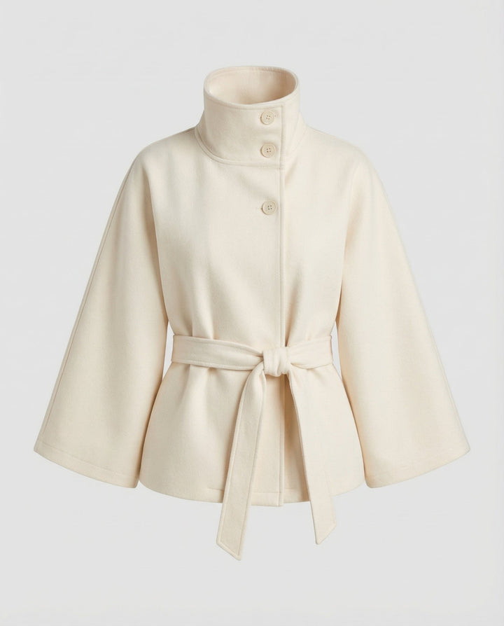 Cyprienne Belted Cape High Collar Wool Blend Coat for Women