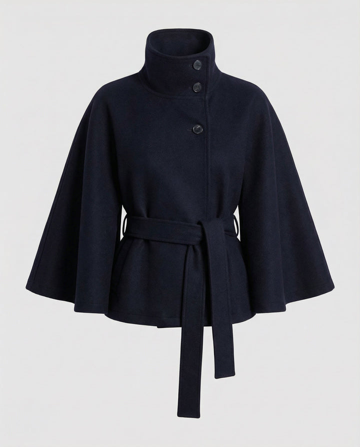 Cyprienne Belted Cape High Collar Wool Blend Coat for Women