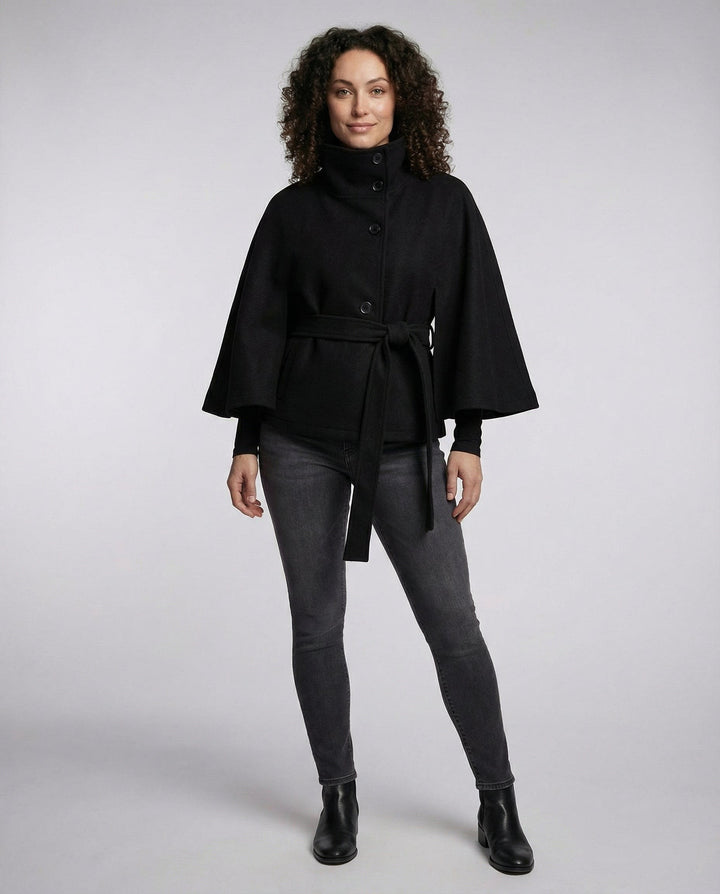 Cyprienne Belted Cape High Collar Wool Blend Coat for Women