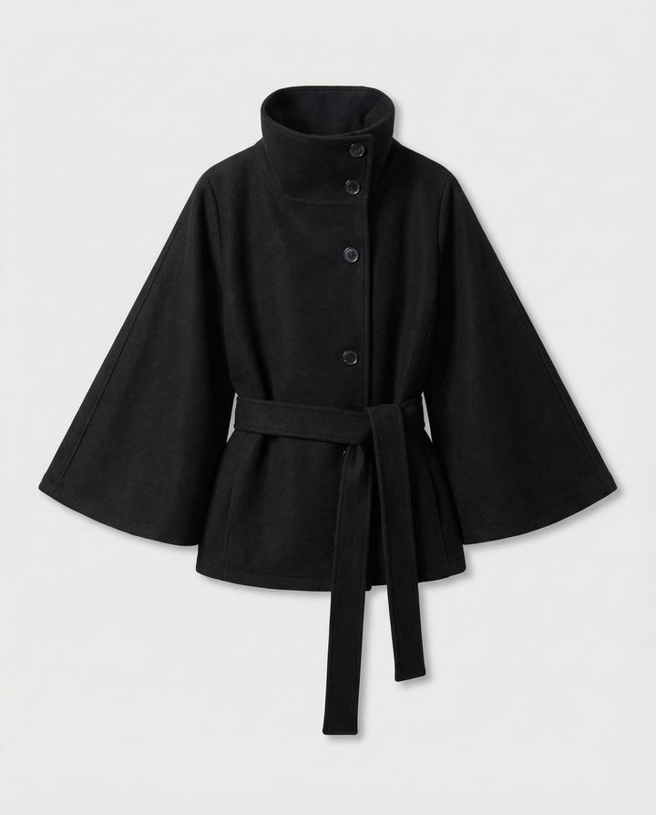 Cyprienne Belted Cape High Collar Wool Blend Coat for Women