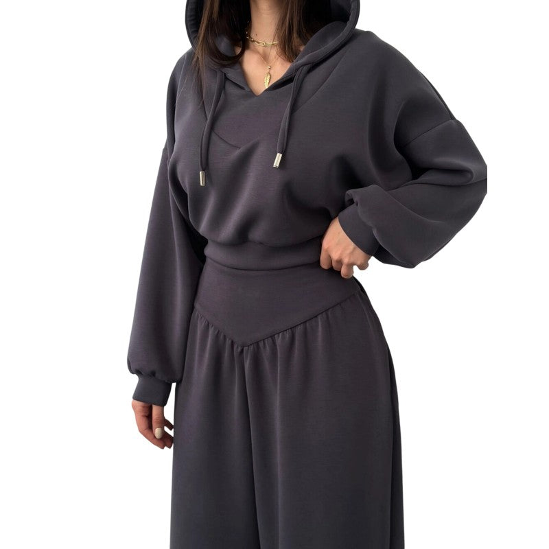 Cropped Hoodie and High Waist Pants Set for Women in dark grey