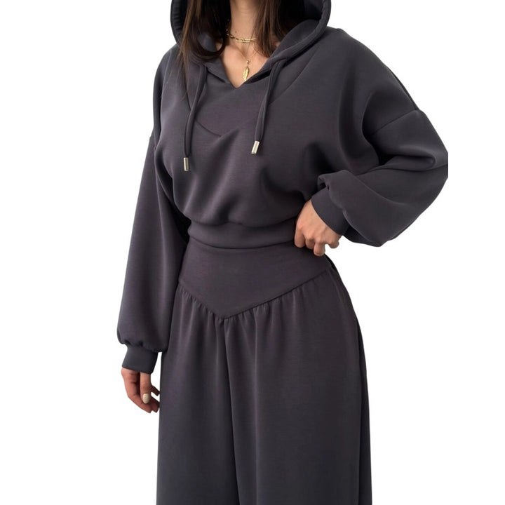 Cropped Hoodie and High Waist Pants Set for Women in dark grey