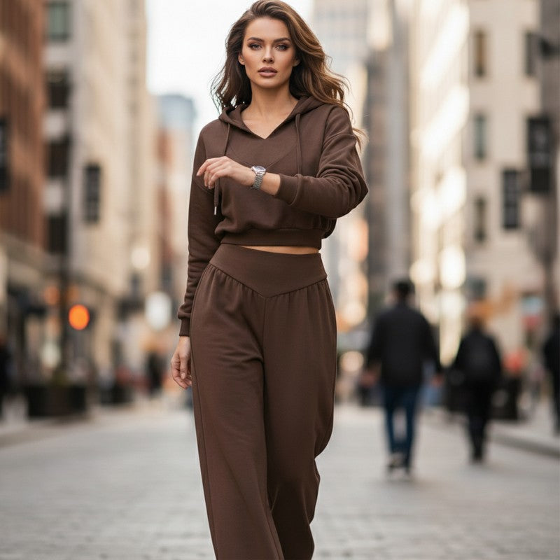 Cropped Hoodie and High Waist Pants Set for Women