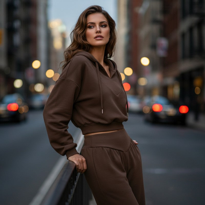 Cropped Hoodie and High Waist Pants Set for Women