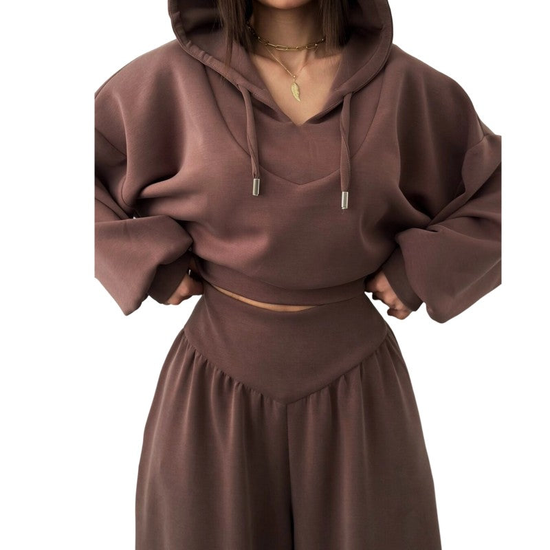 Cropped Hoodie and High Waist Pants Set for Women in brown