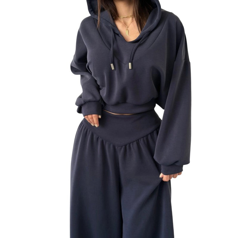 Cropped Hoodie and High Waist Pants Set for Women in navy blue