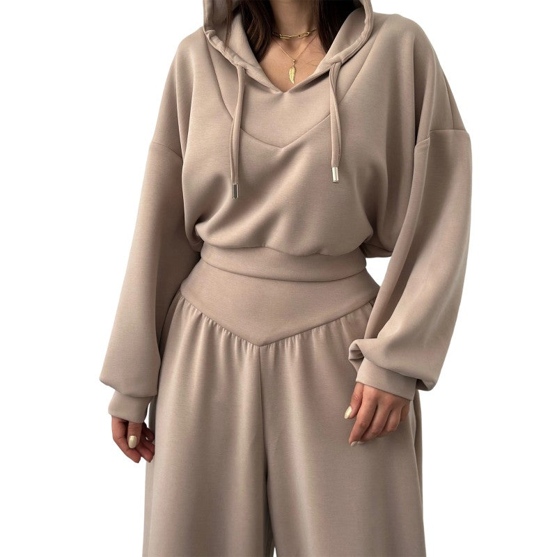 Cropped Hoodie and High Waist Pants Set for Women in apricot