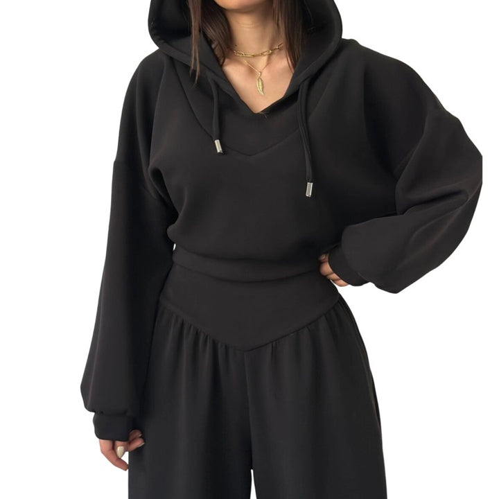 Cropped Hoodie and High Waist Pants Set for Women in black