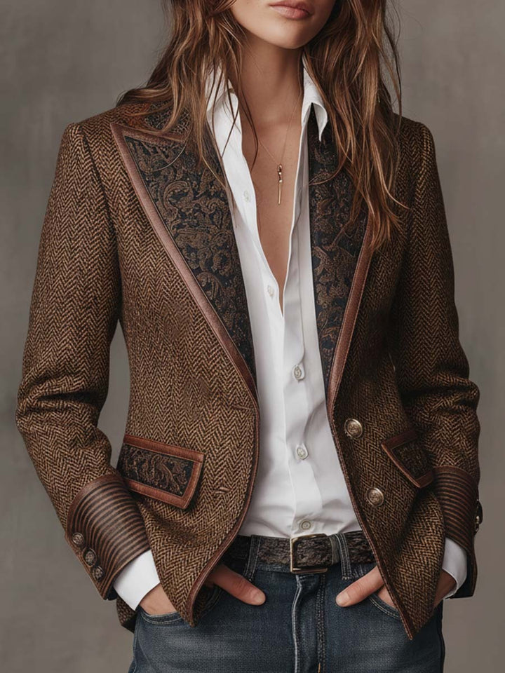 Herringbone Blazer with Contrast Trim and Buckle in brown