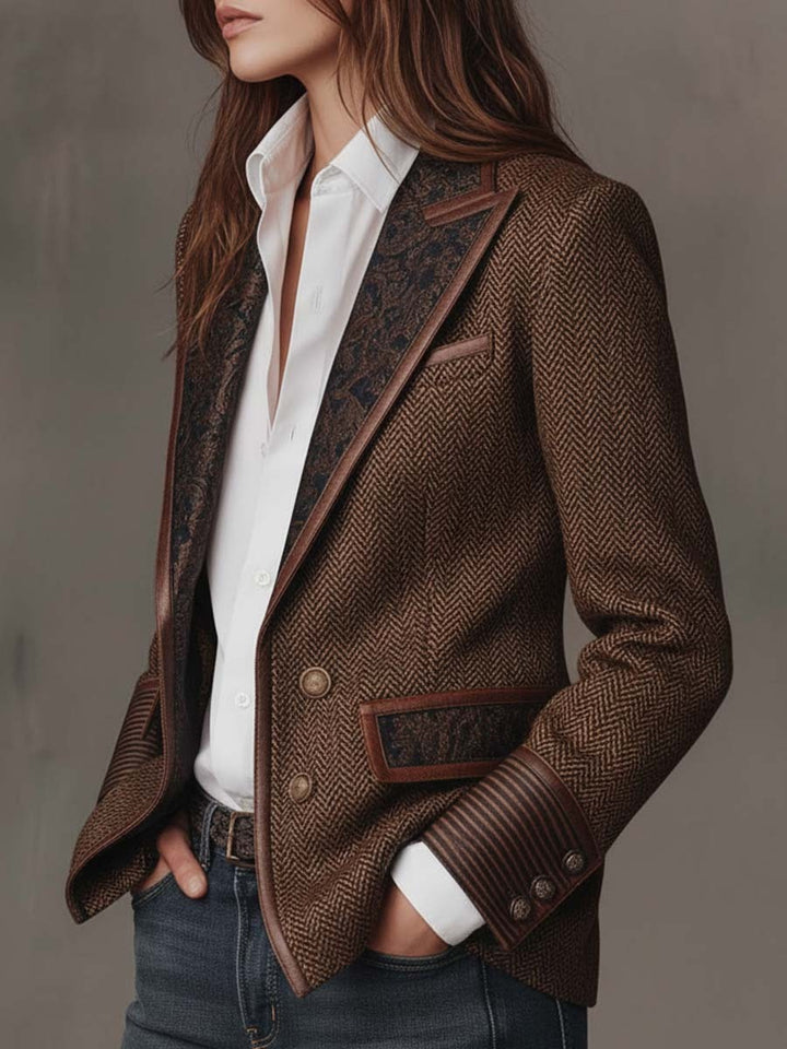 Herringbone Blazer with Contrast Trim and Buckle