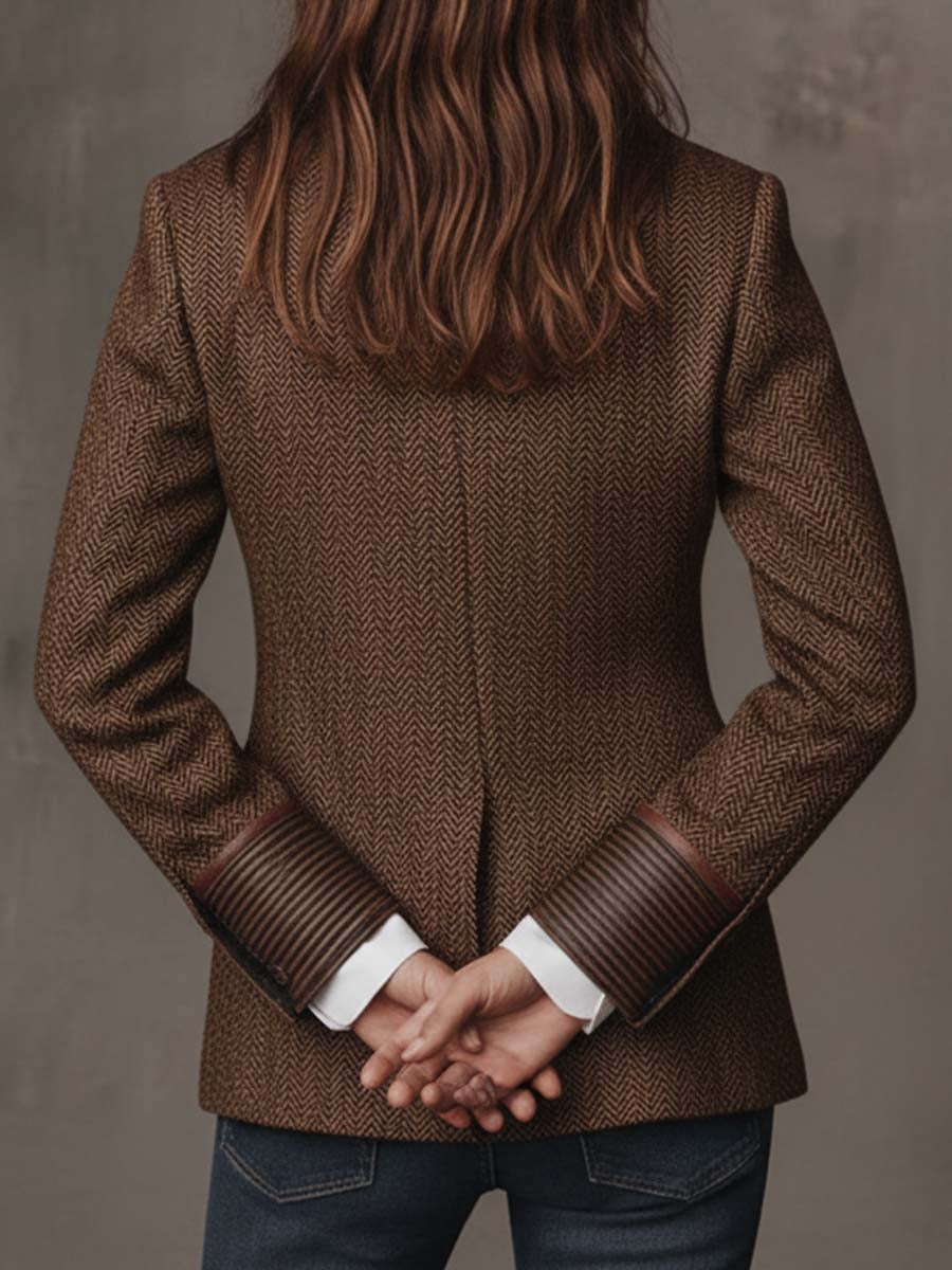 Herringbone Blazer with Contrast Trim and Buckle