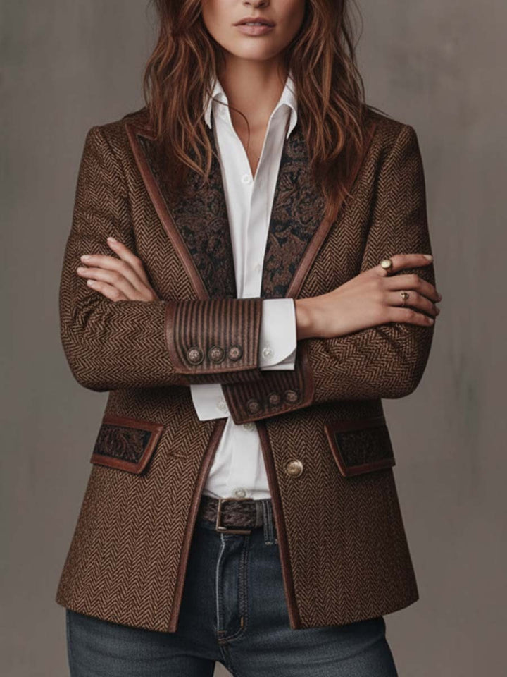 Herringbone Blazer with Contrast Trim and Buckle