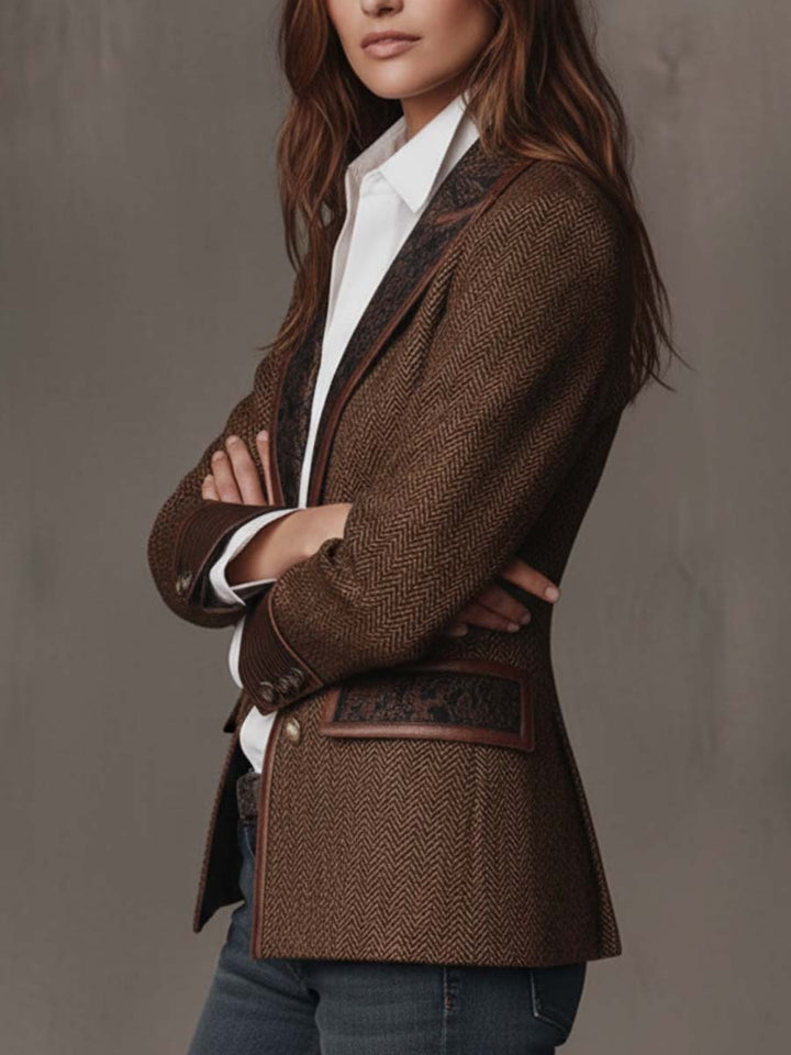 Herringbone Blazer with Contrast Trim and Buckle