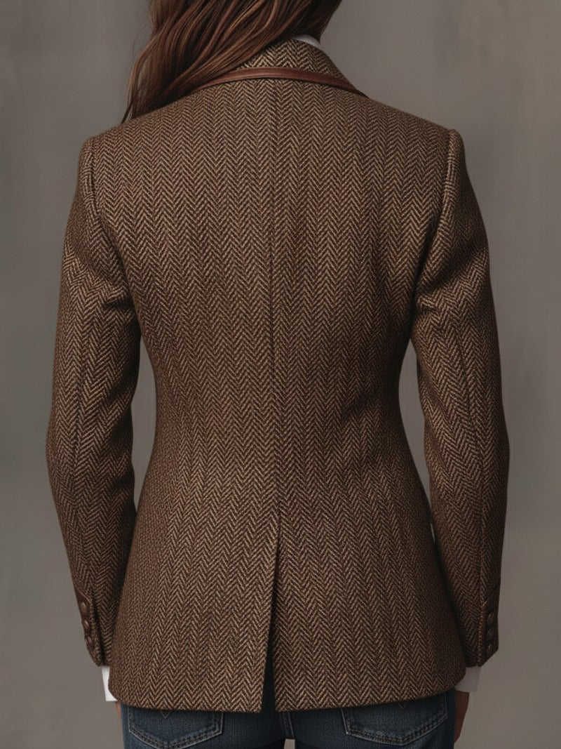 Herringbone Blazer with Contrast Trim and Buckle